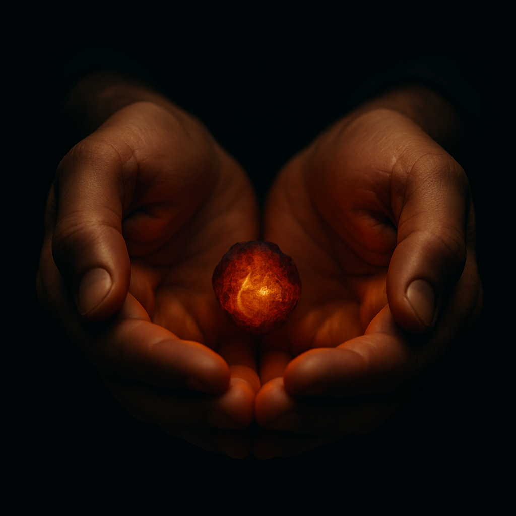 Hands holding a glowing ember